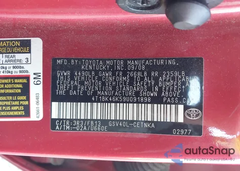 2009 Toyota Camry Le V6 z USA, uszkodzony, nr VIN 4T1BK46K59U091898